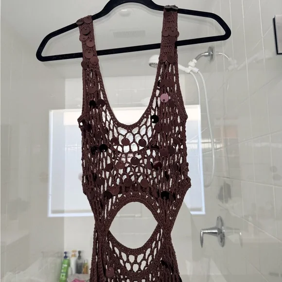 Superdown Chocolate Crochet Dress with Sequin Accents - Picture 3 of 6